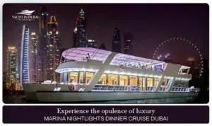 Dubai Marina luxury dinner cruise,  Marina nightlights dinner cruise Dubai blog banner by Yacht in Dubai